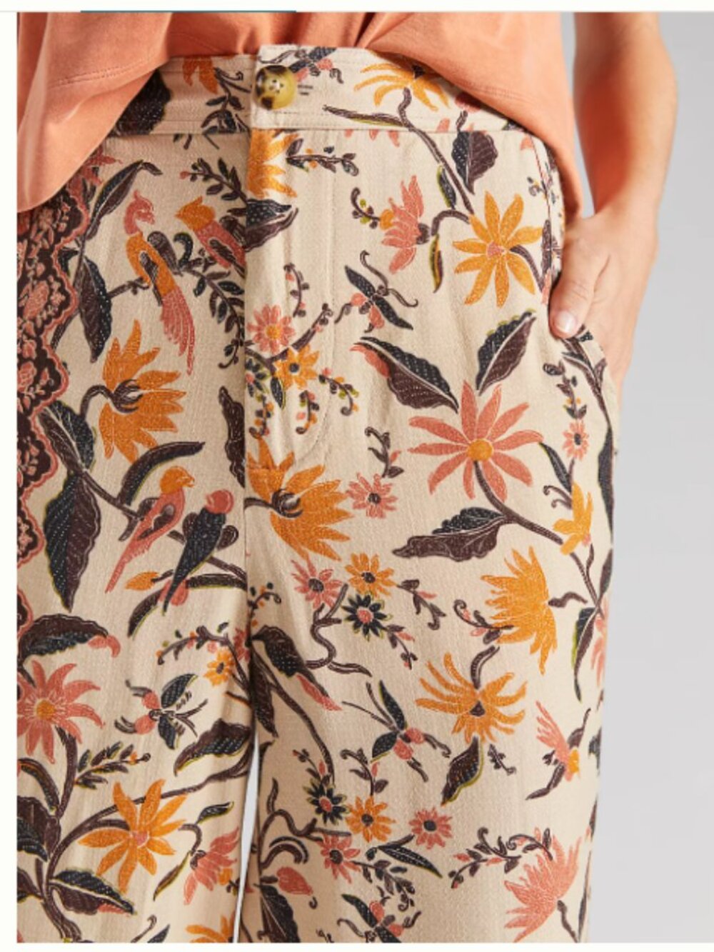 Anthropologie Smocked Balloon Leg Pants Jogger Leaf Floral Beige Brown Size 4 - Picture 4 of 14